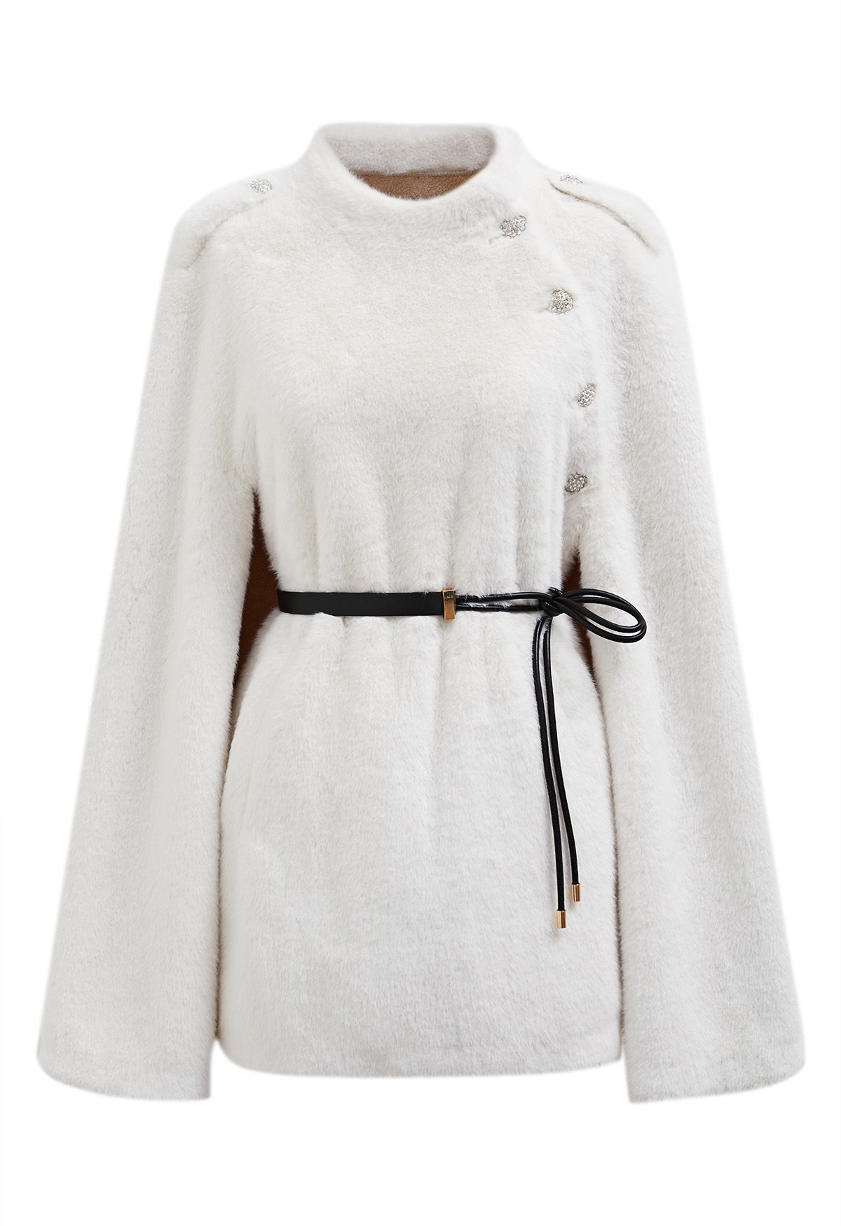 Rhinestone Button Wrap Faux Fur Cape Coat in Ivory