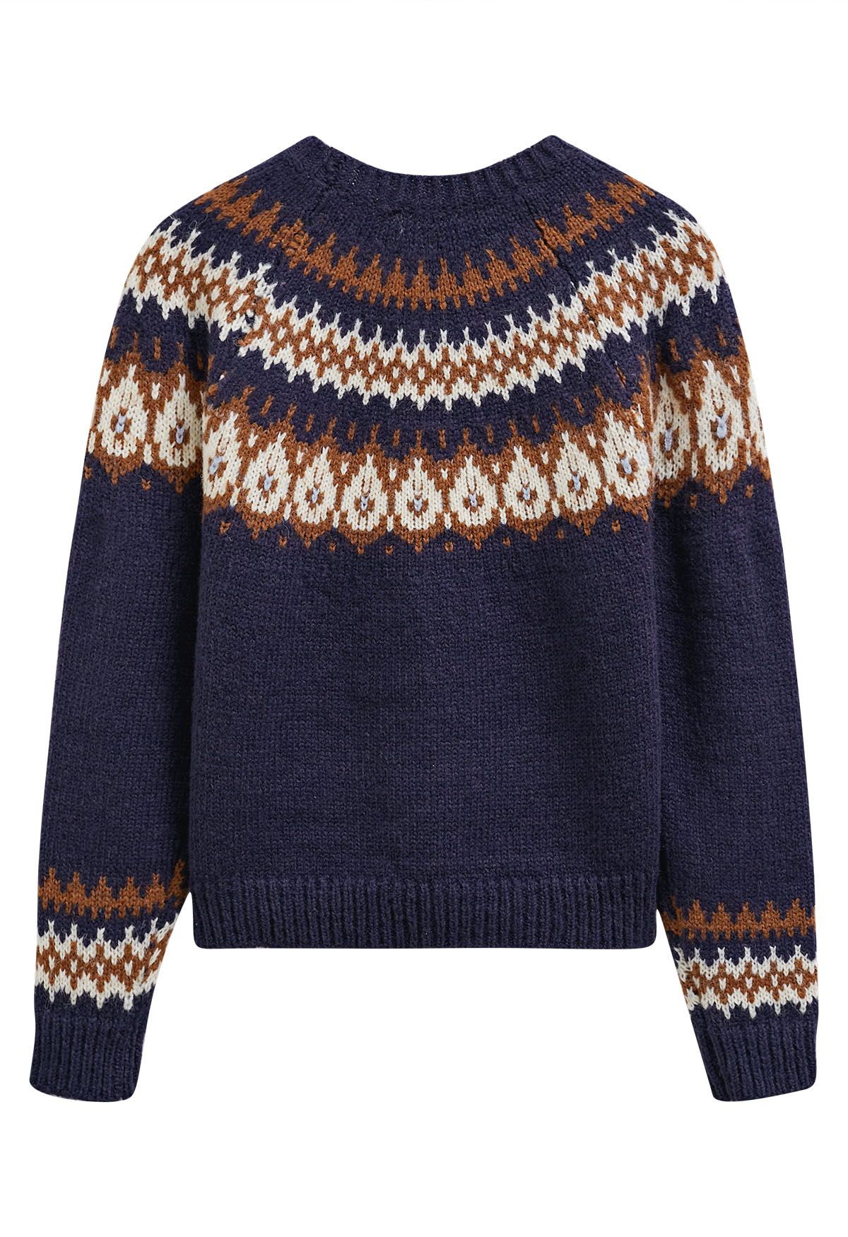 Playful Waterdrop Fair Isle Knit Sweater in Navy