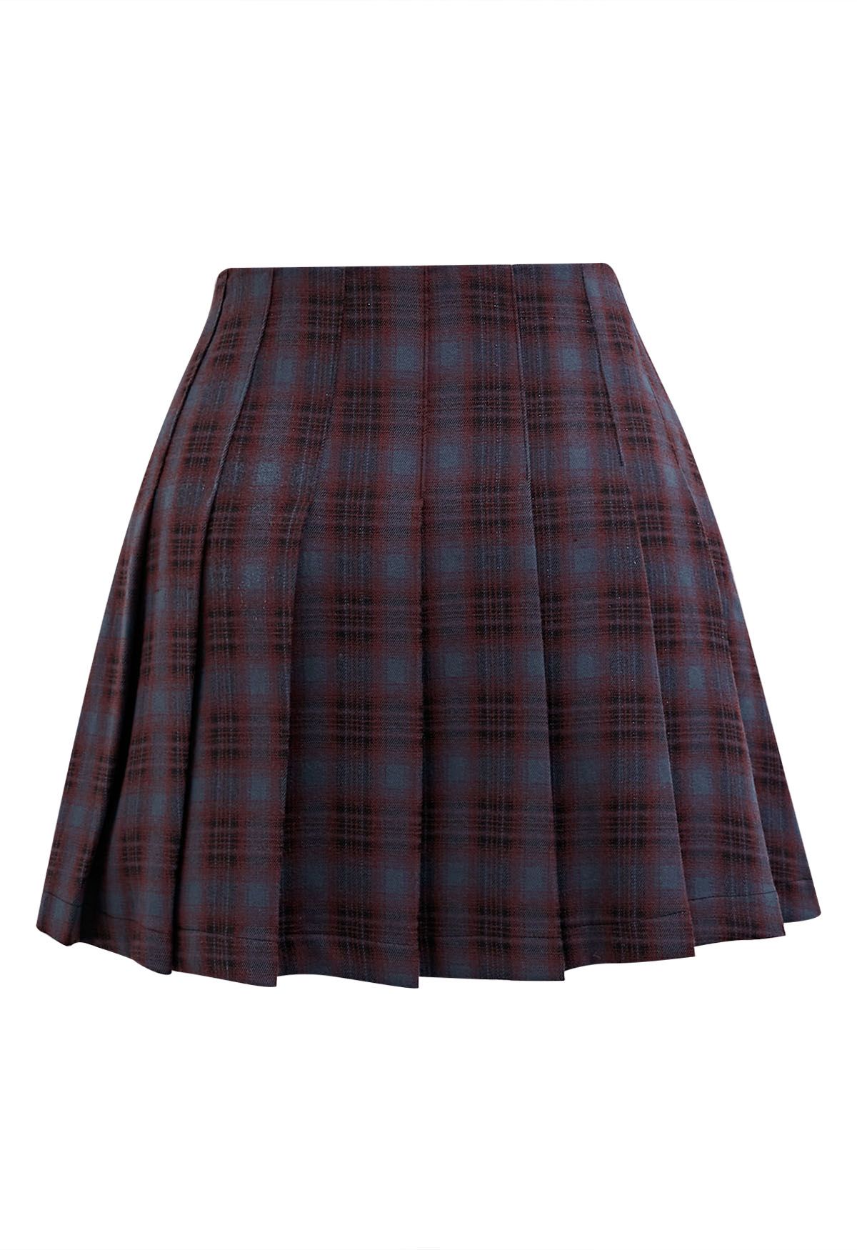 Double Flaps Plaid Belted Pleated Mini Skirt in Plum