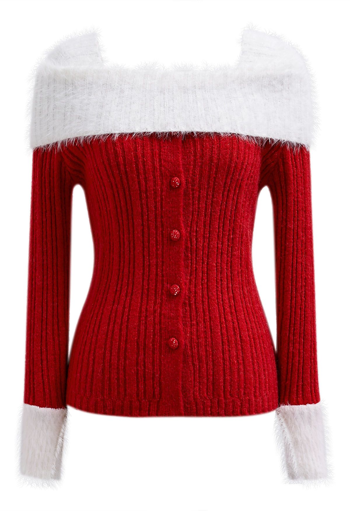 Contrast Fuzzy Folded Shoulder Button Knit Top in Red