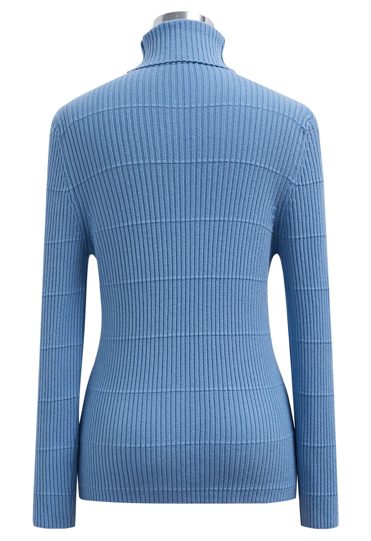 Softness Turtleneck Ribbed Texture Knit Top in Blue