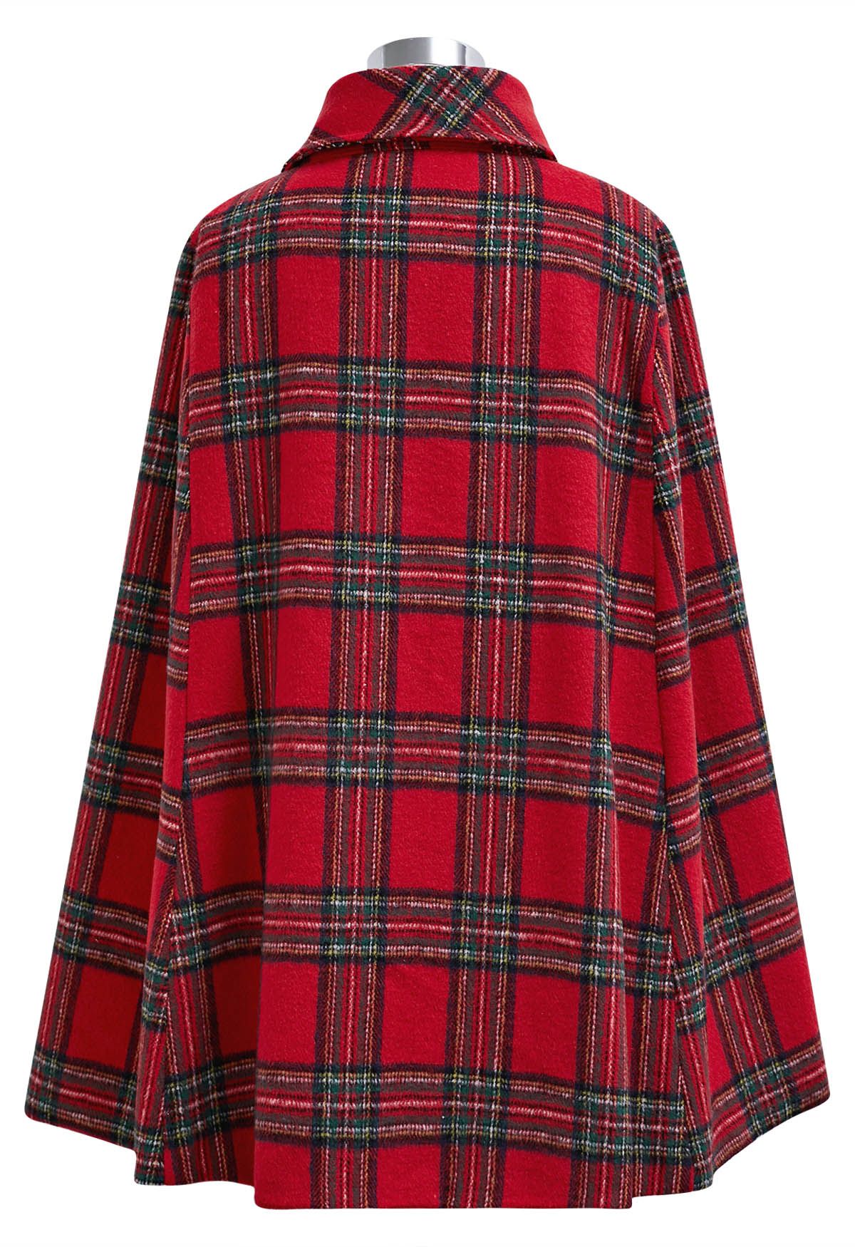 Button Wrap Tie Sash Tartan Cape Coat in Red