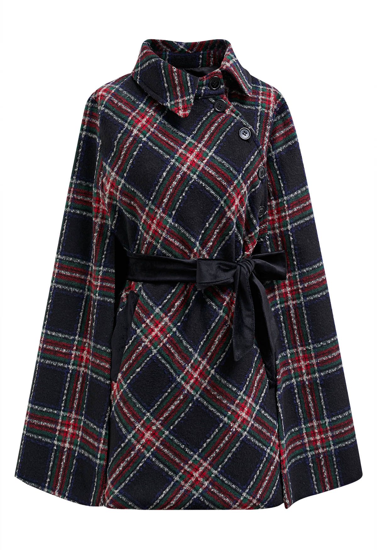 Button Wrap Tie Sash Tartan Cape Coat in Black