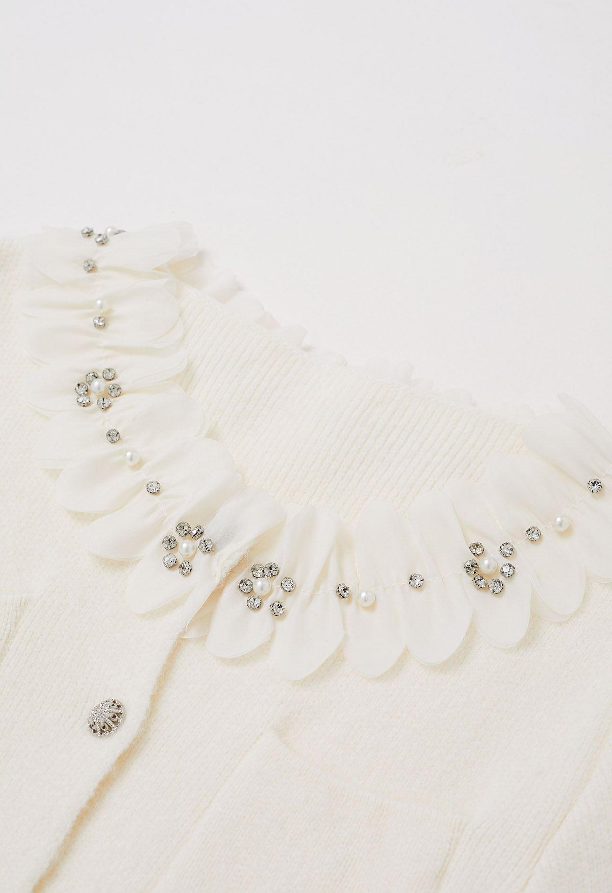 3D Petal Neckline Patch Pocket Knit Cardigan in Cream