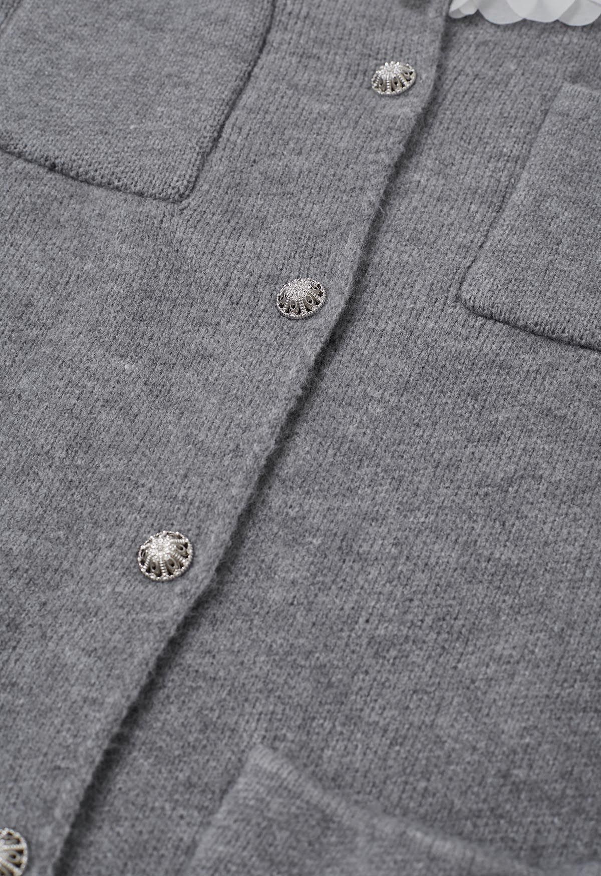 3D Petal Neckline Patch Pocket Knit Cardigan in Grey