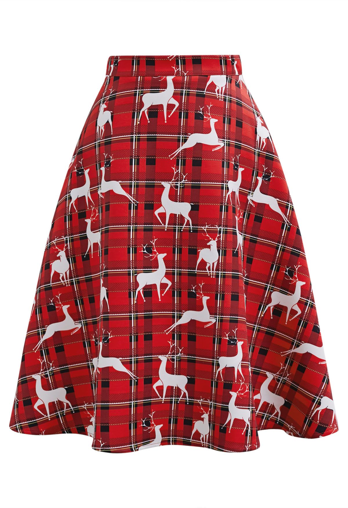 Festive Reindeer Plaid Flare Midi Skirt