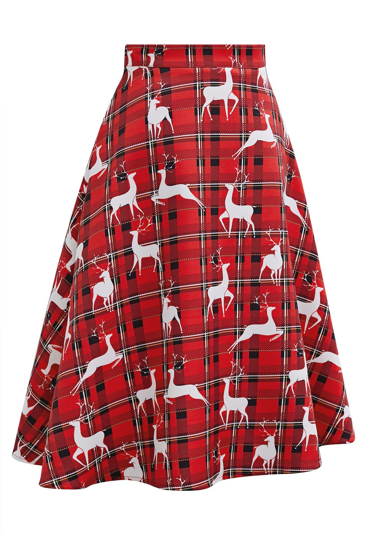 Festive Reindeer Plaid Flare Midi Skirt