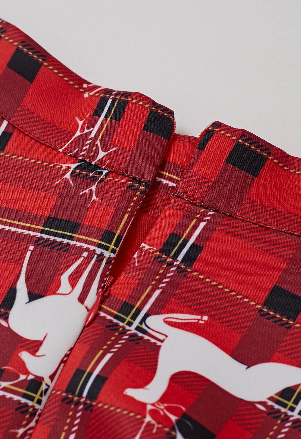 Festive Reindeer Plaid Flare Midi Skirt