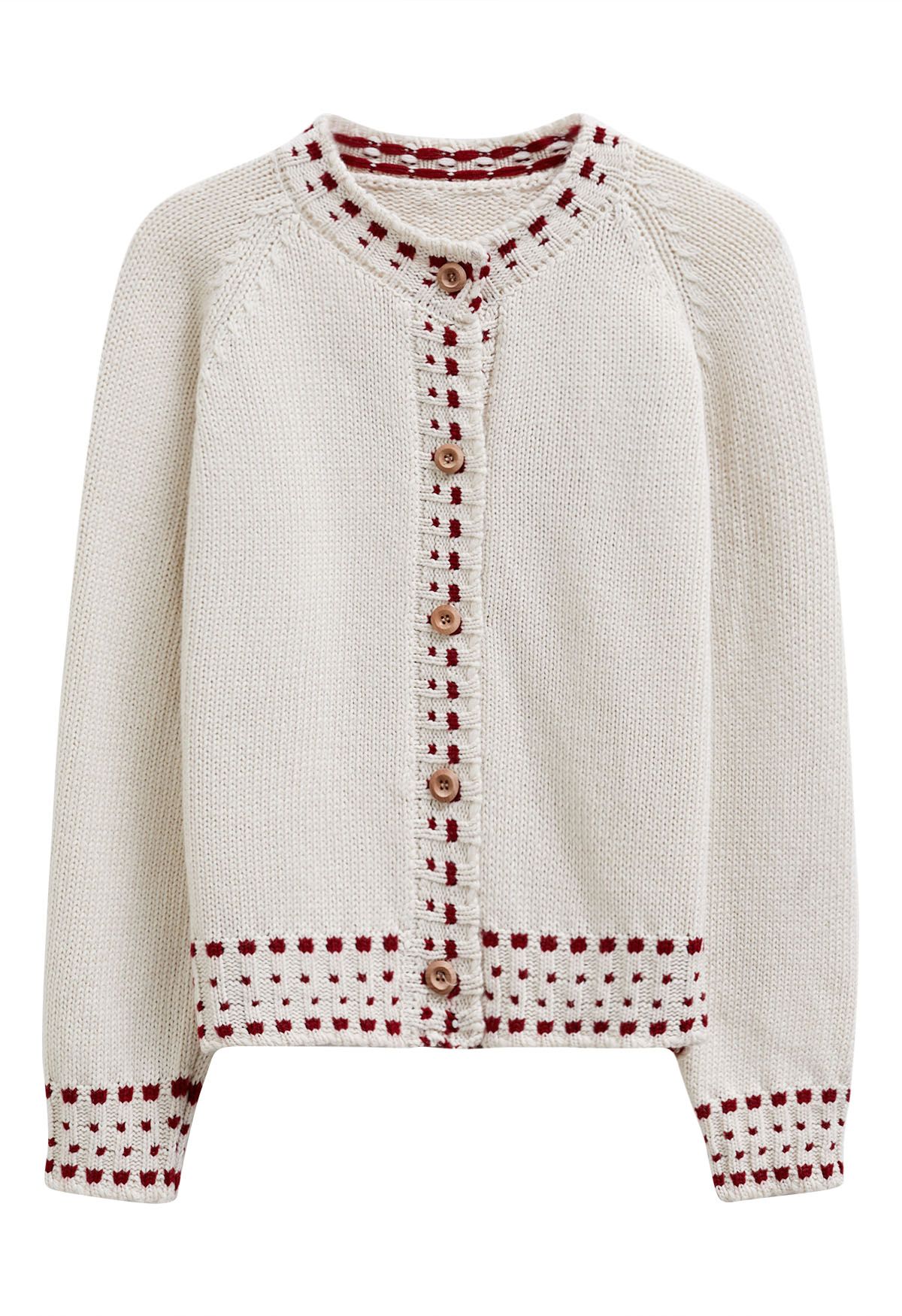 Contrast Stitch Wooden Button Knit Cardigan