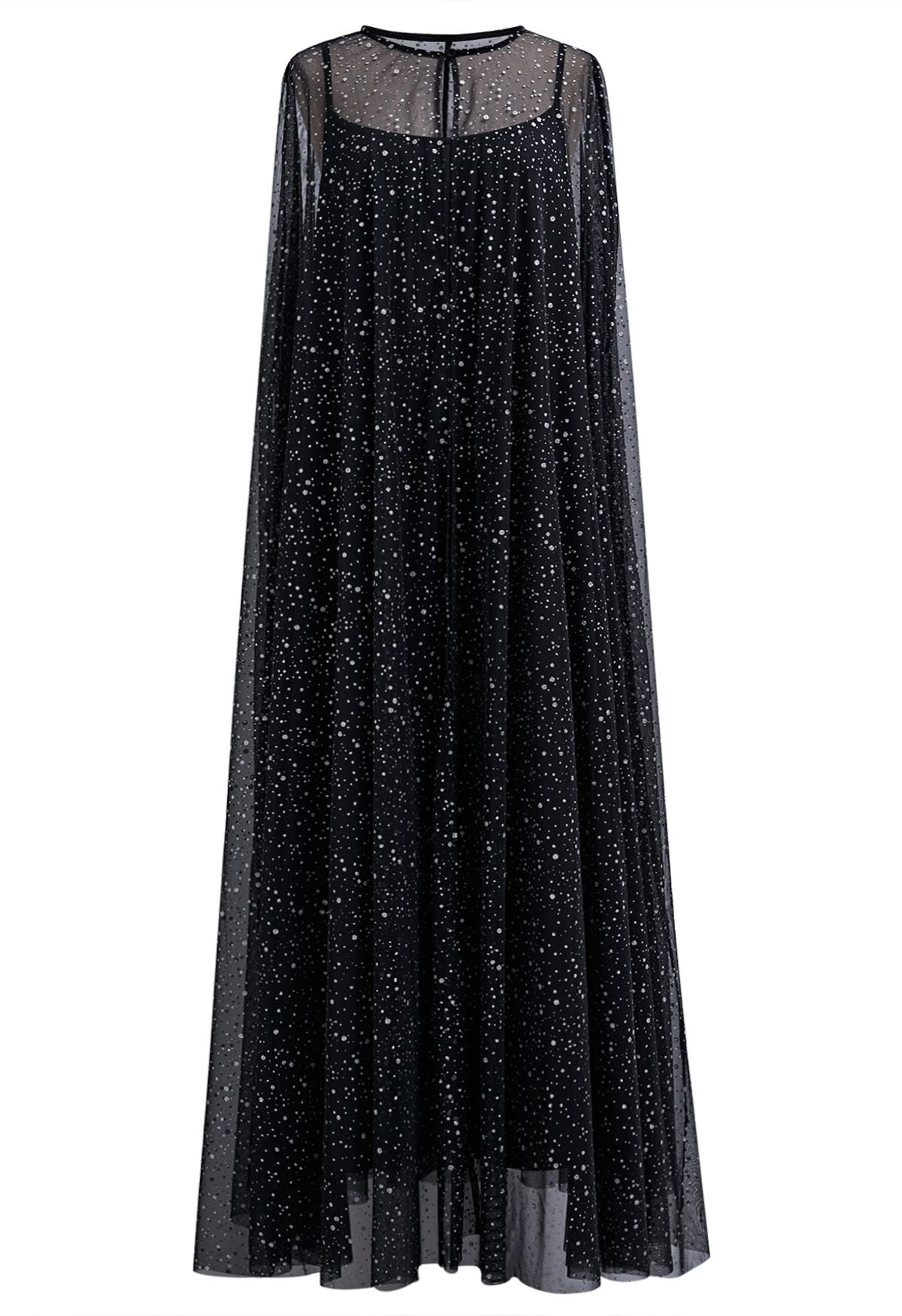 Glittery Mesh Maxi Cape Dress in Black