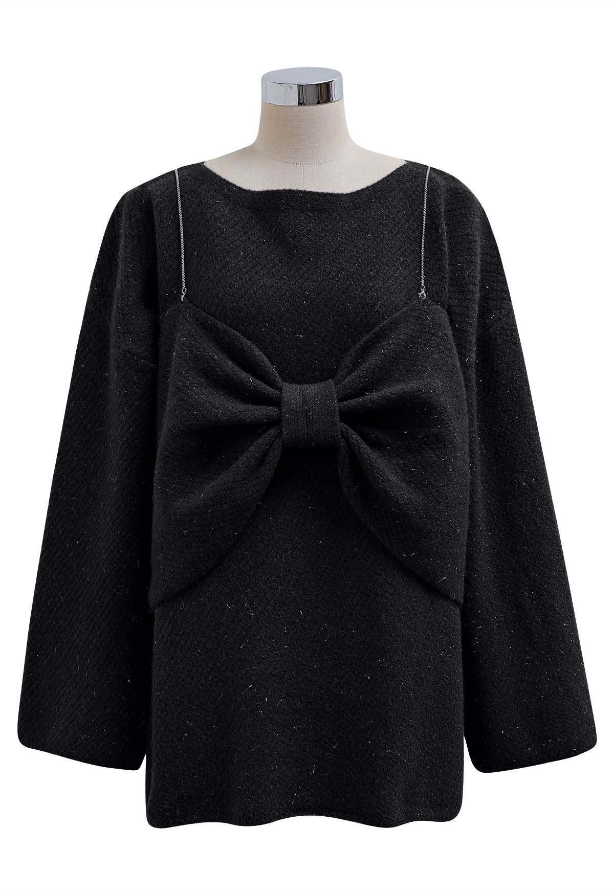 Bowknot 2 Pieces Metallic Mix Knit Sweater Dress in Black