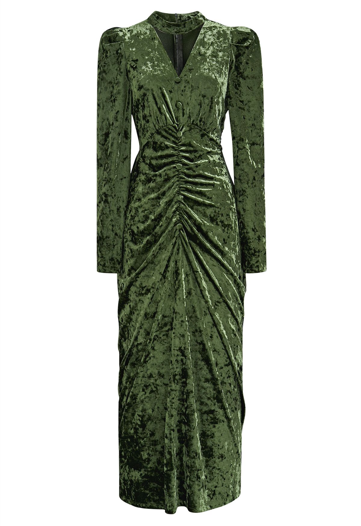 Choker Neck Button Ruched Velvet Midi Dress in Green