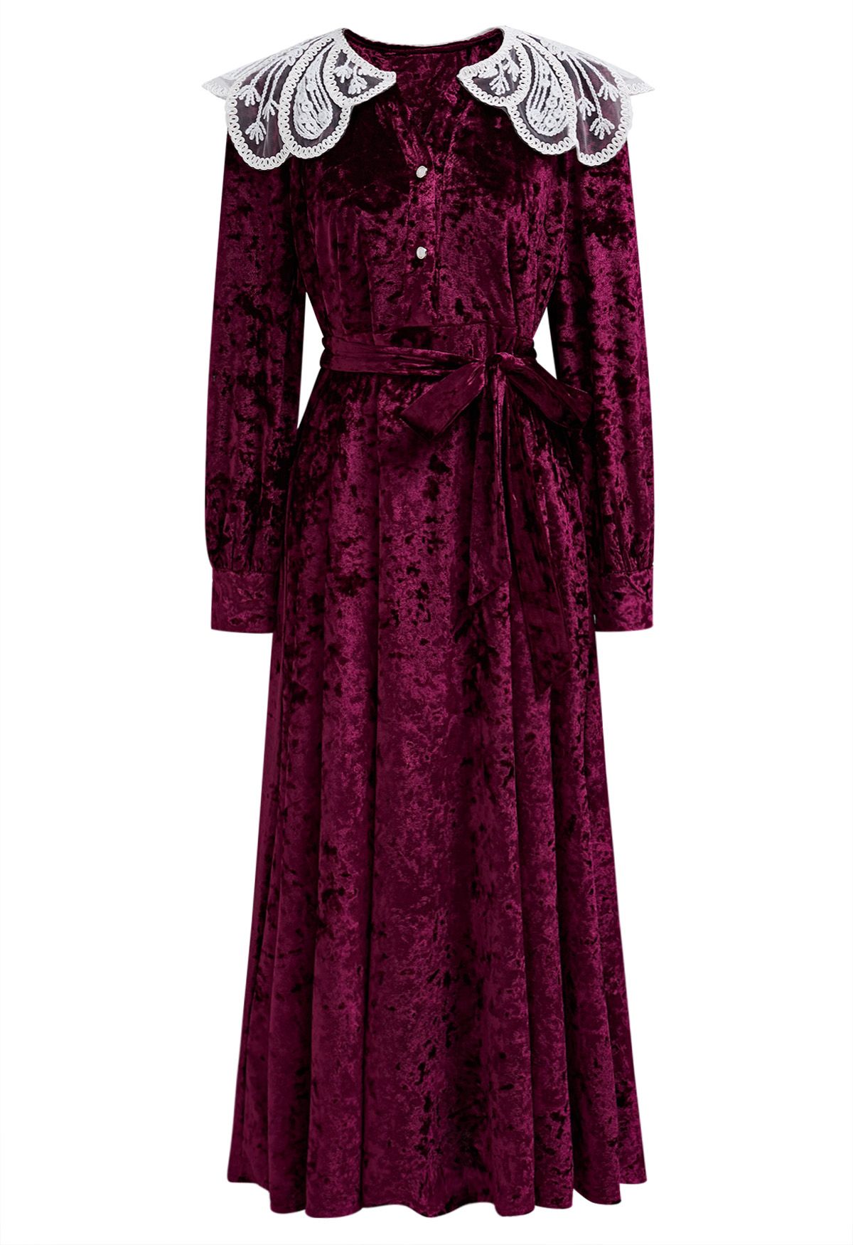 Lace Doll Collar Velvet Midi Dress in Burgundy