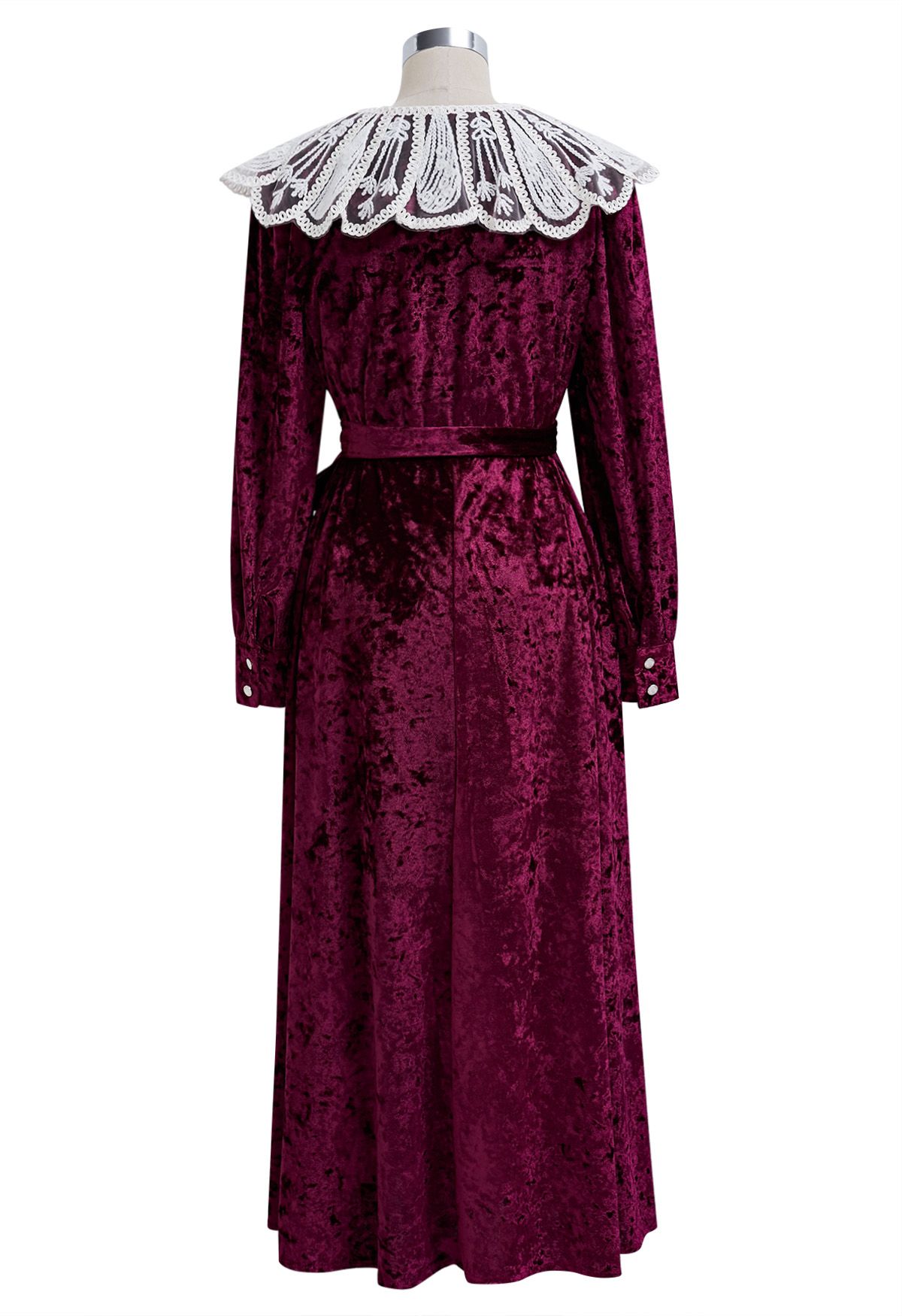 Lace Doll Collar Velvet Midi Dress in Burgundy