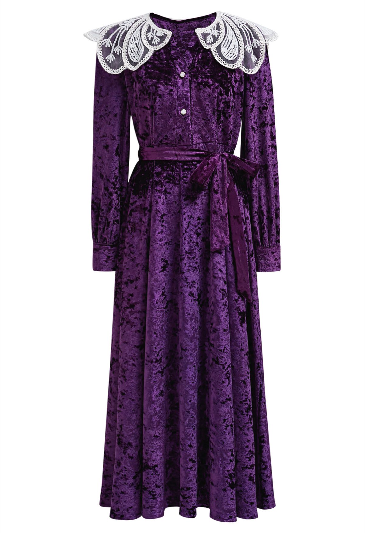 Lace Doll Collar Velvet Midi Dress in Purple