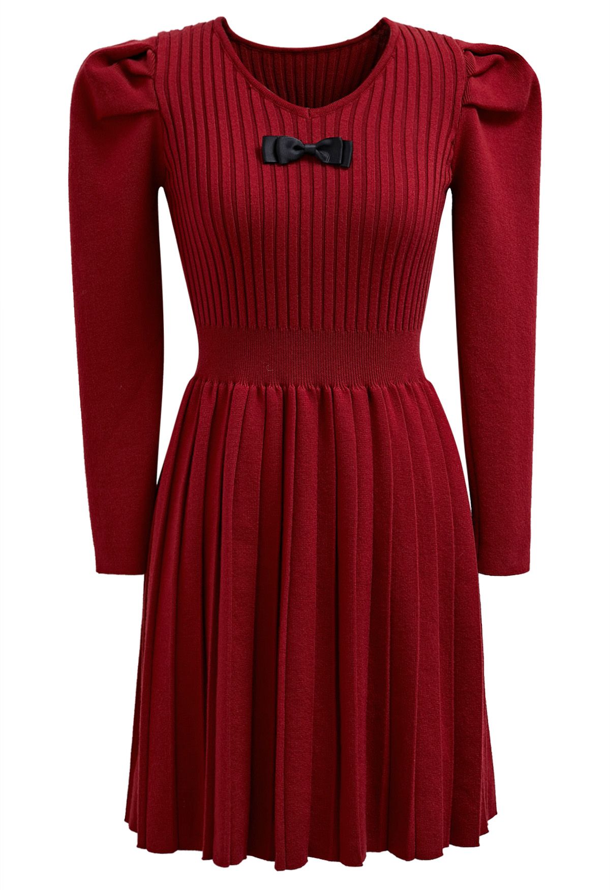 Delicate Bow Puff Sleeve Pleated Knit Mini Dress in Red