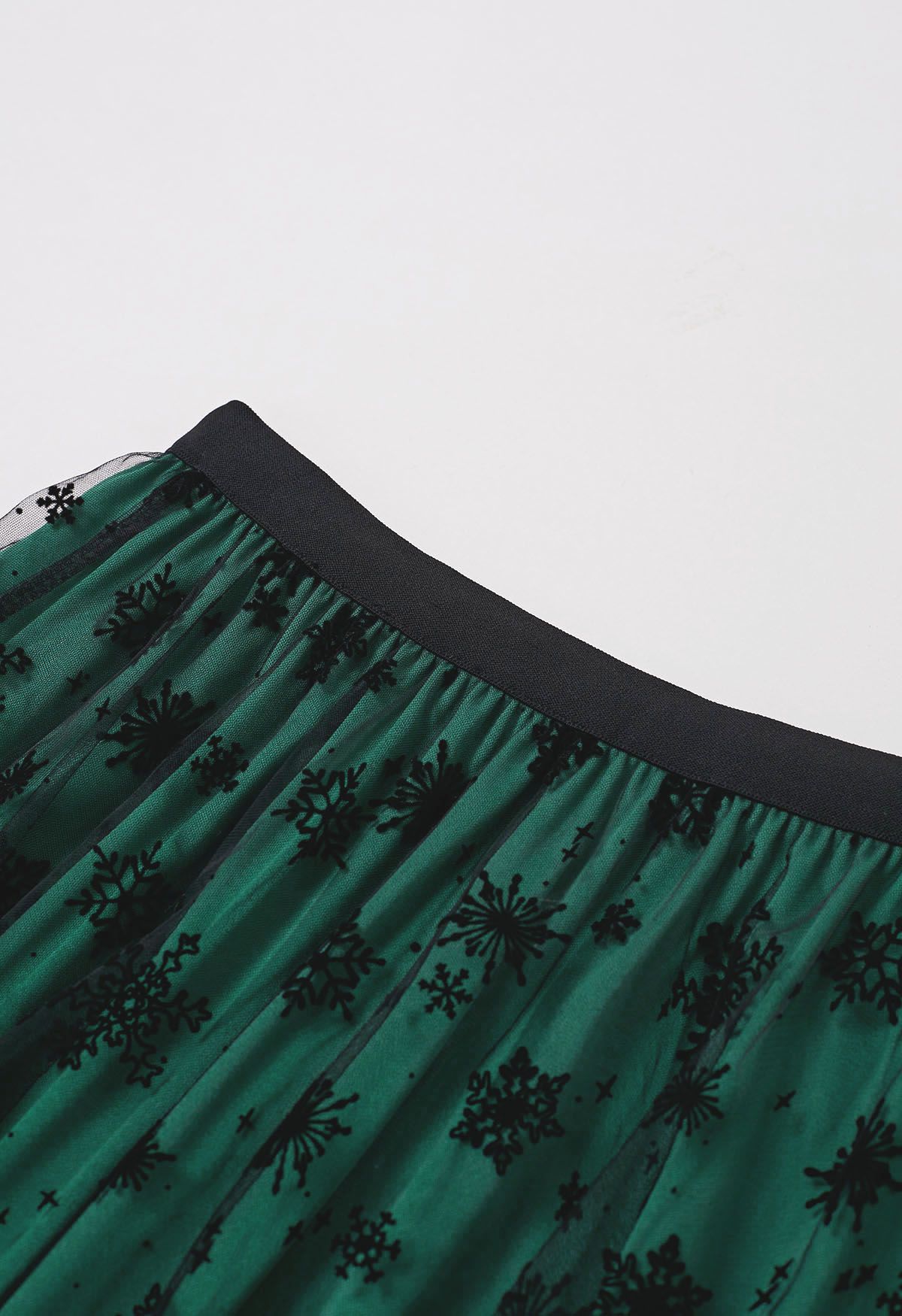 Falling Snowflake Mesh Tulle Midi Skirt in Dark Green