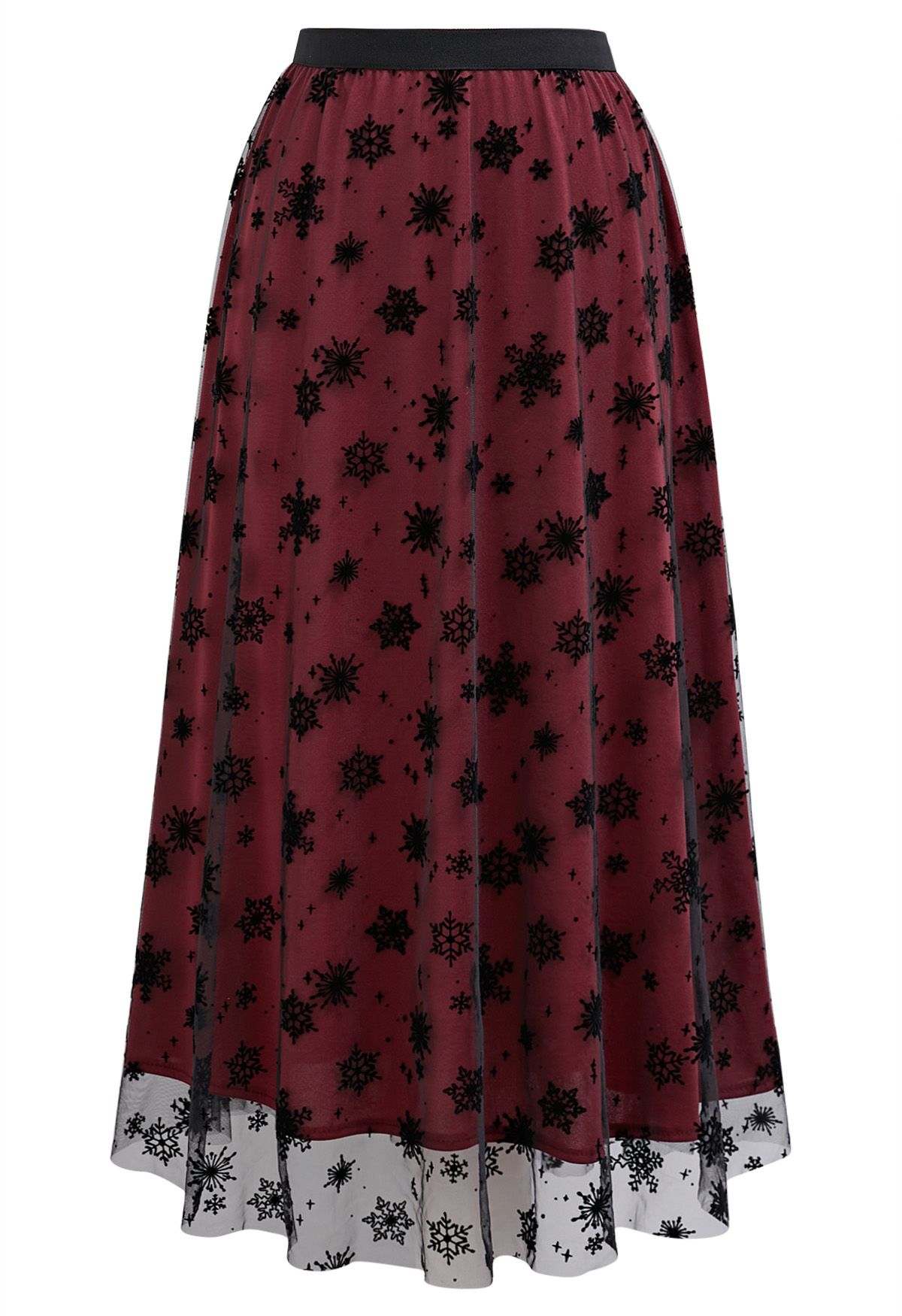 Falling Snowflake Mesh Tulle Midi Skirt in Burgundy