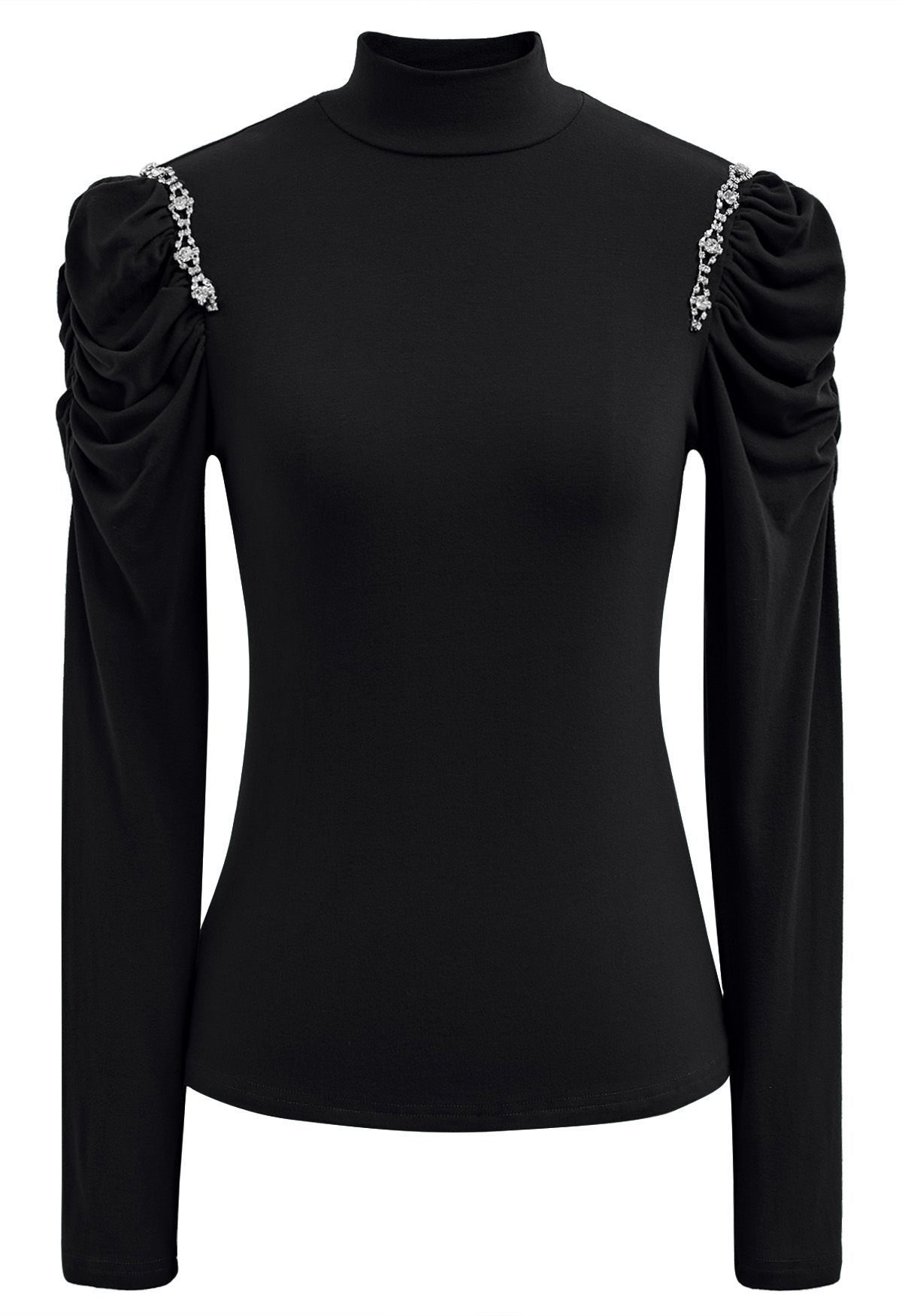 Rhinestone Decor Ruched Shoulder Mock Neck Top in Black