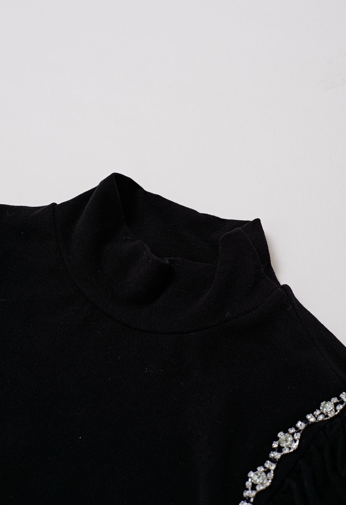 Rhinestone Decor Ruched Shoulder Mock Neck Top in Black