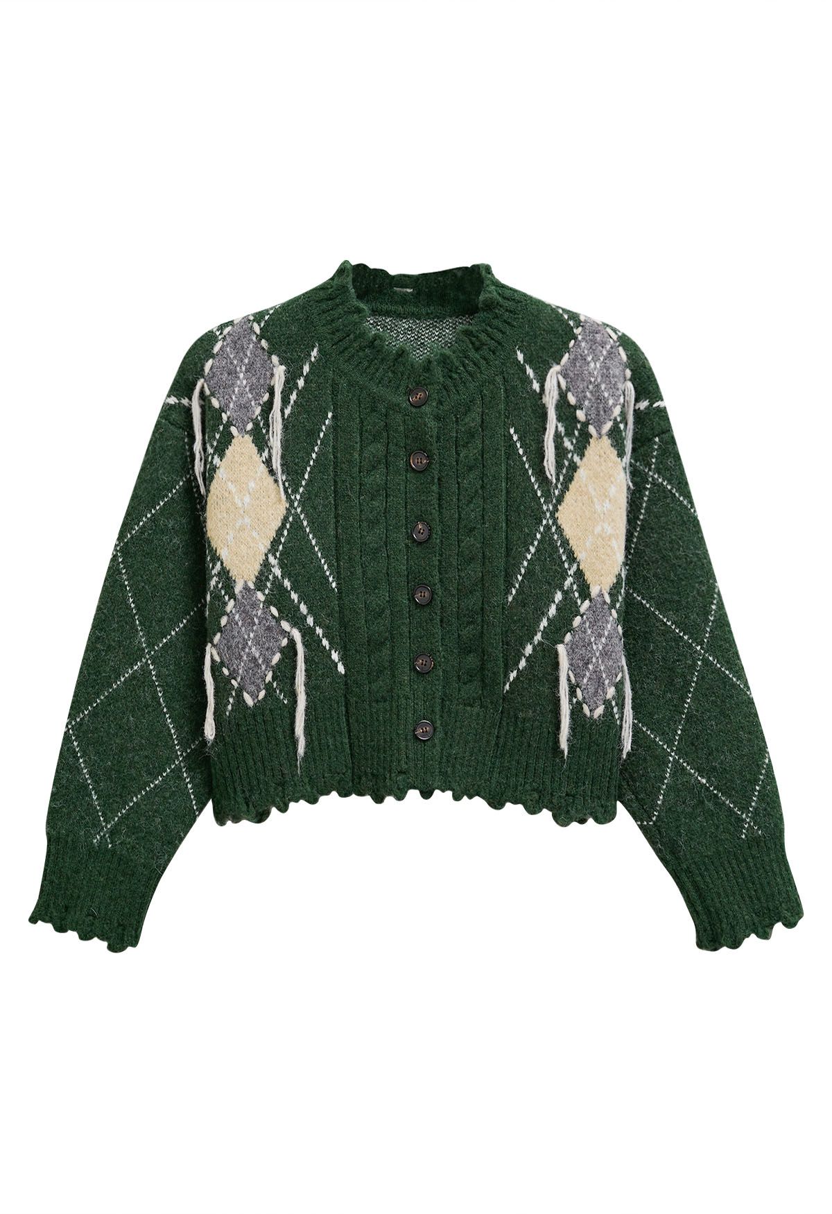 Argyle Pattern Frayed Edge Buttoned Crop Cardigan in Dark Green