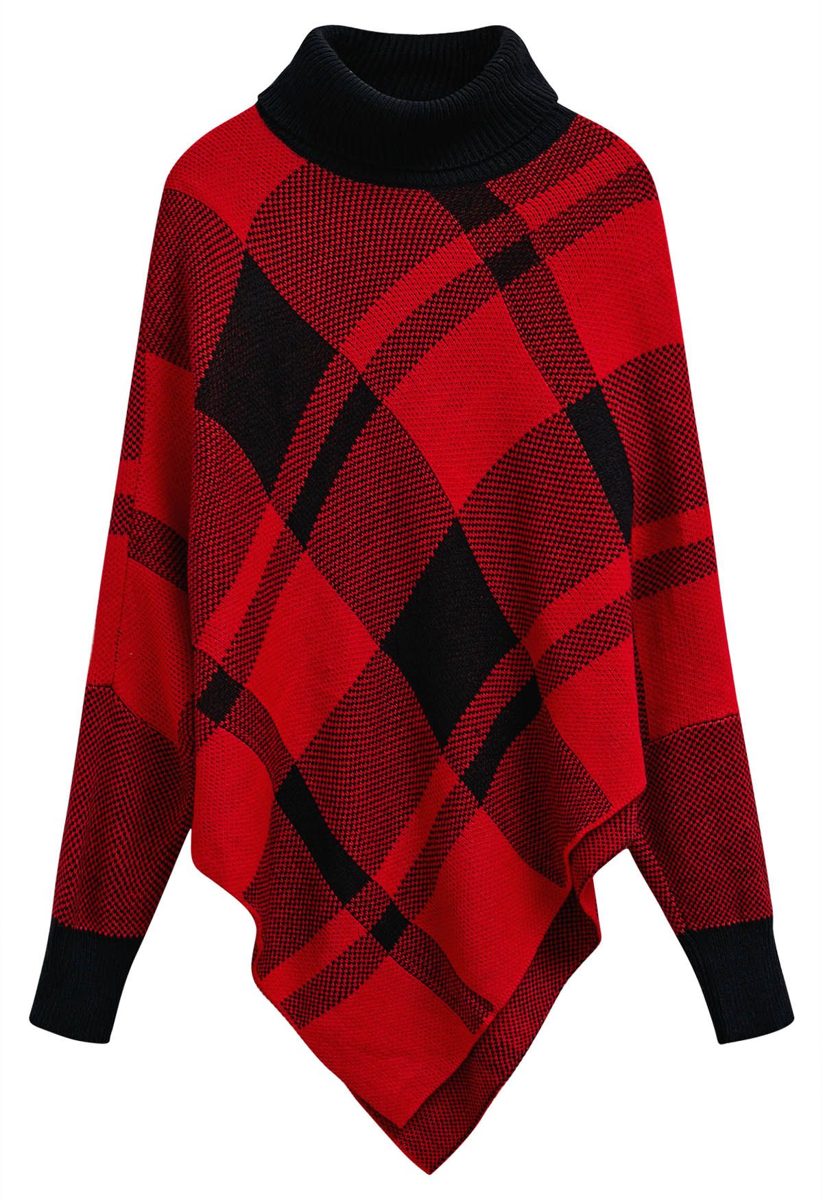 Festive Plaid Turtleneck Knit Poncho in Red