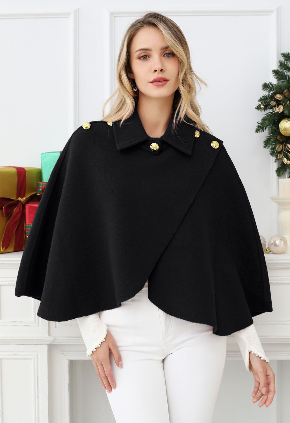 Golden Button Wrapped Knit Cape in Black