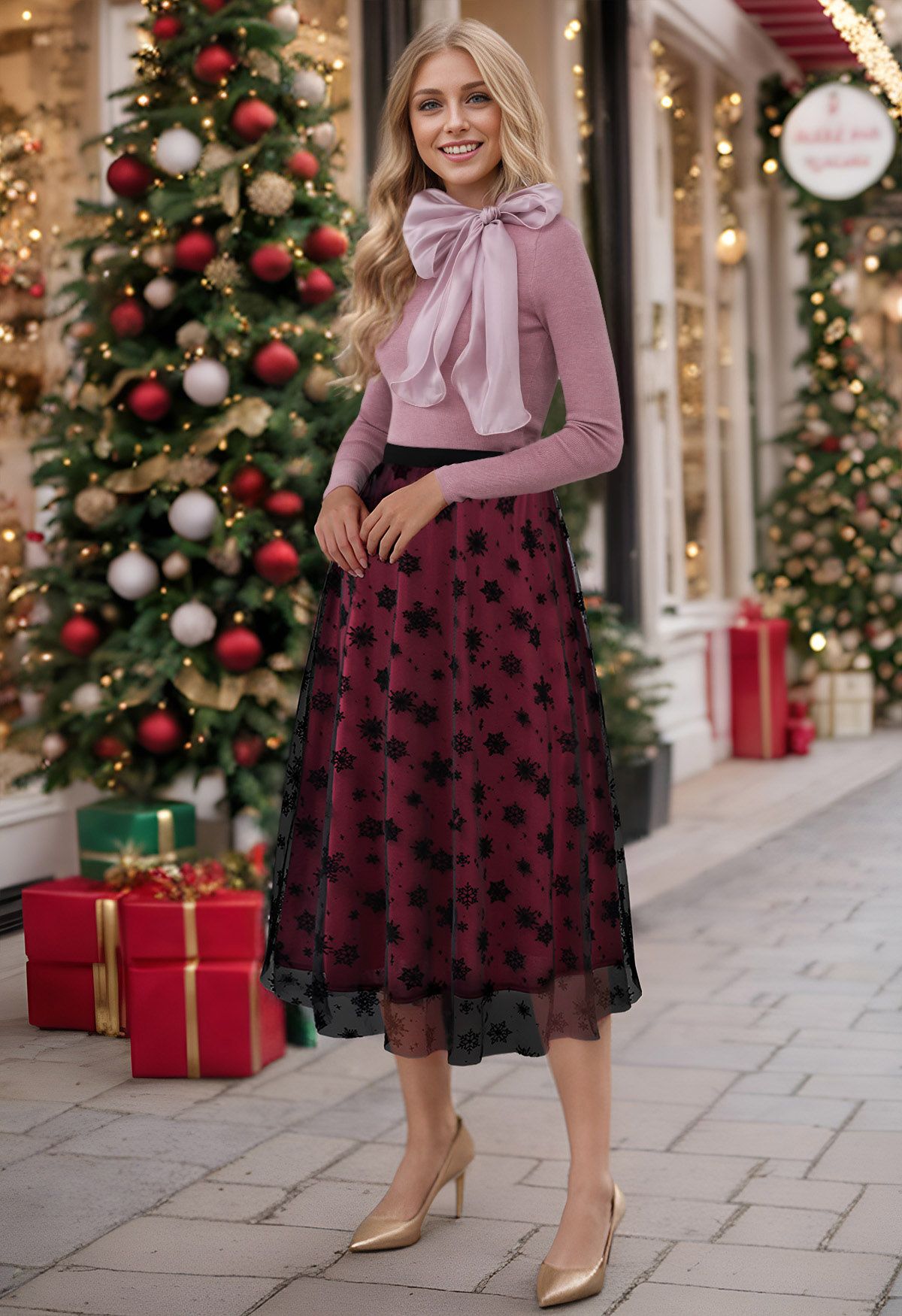 Falling Snowflake Mesh Tulle Midi Skirt in Burgundy