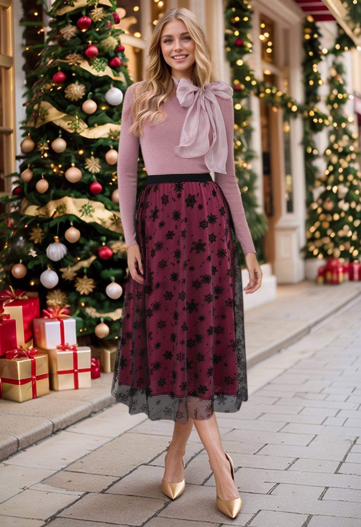 Falling Snowflake Mesh Tulle Midi Skirt in Burgundy