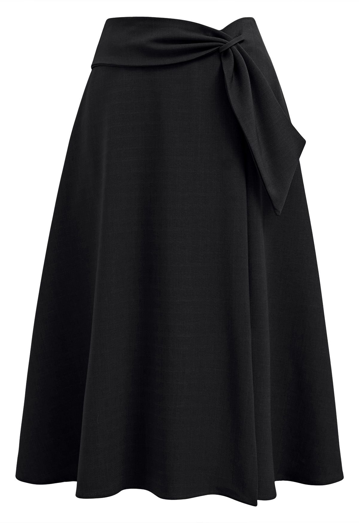 Sash Adorned Split A-Line Midi Skirt in Black