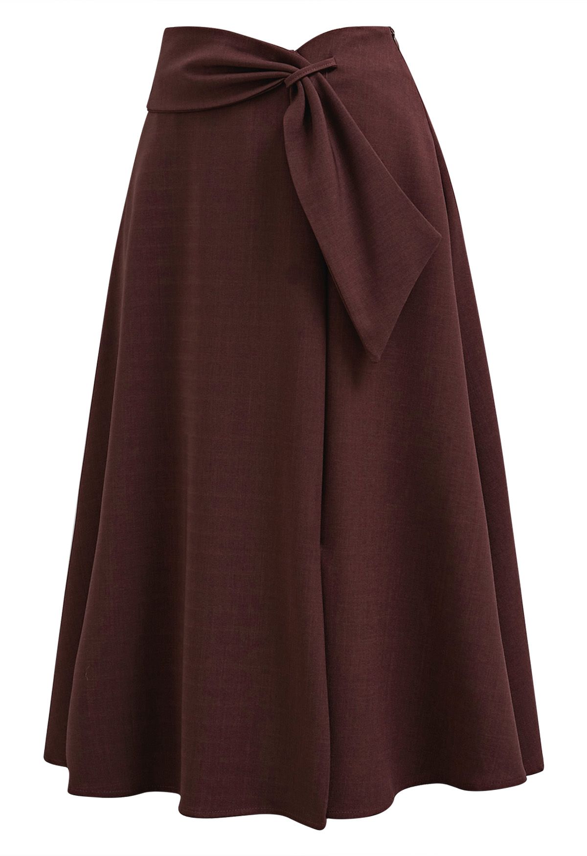 Sash Adorned Split A-Line Midi Skirt in Burgundy