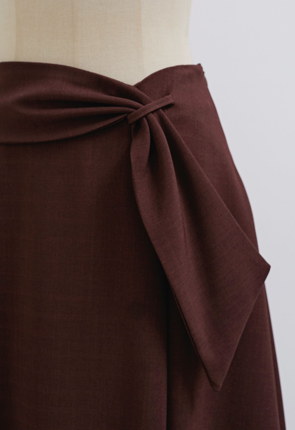 Sash Adorned Split A-Line Midi Skirt in Burgundy