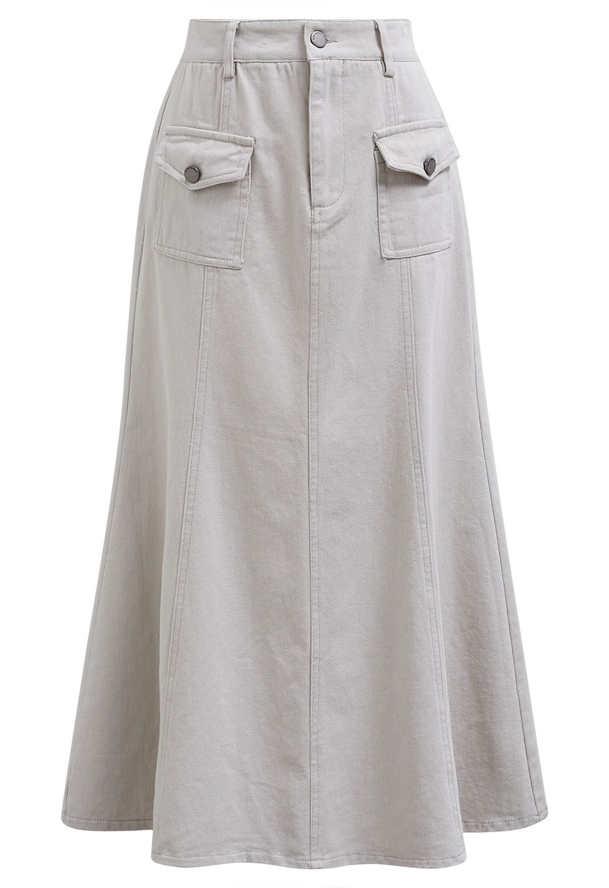 Front Flap Pockets Mermaid Denim Midi Skirt in Ivory