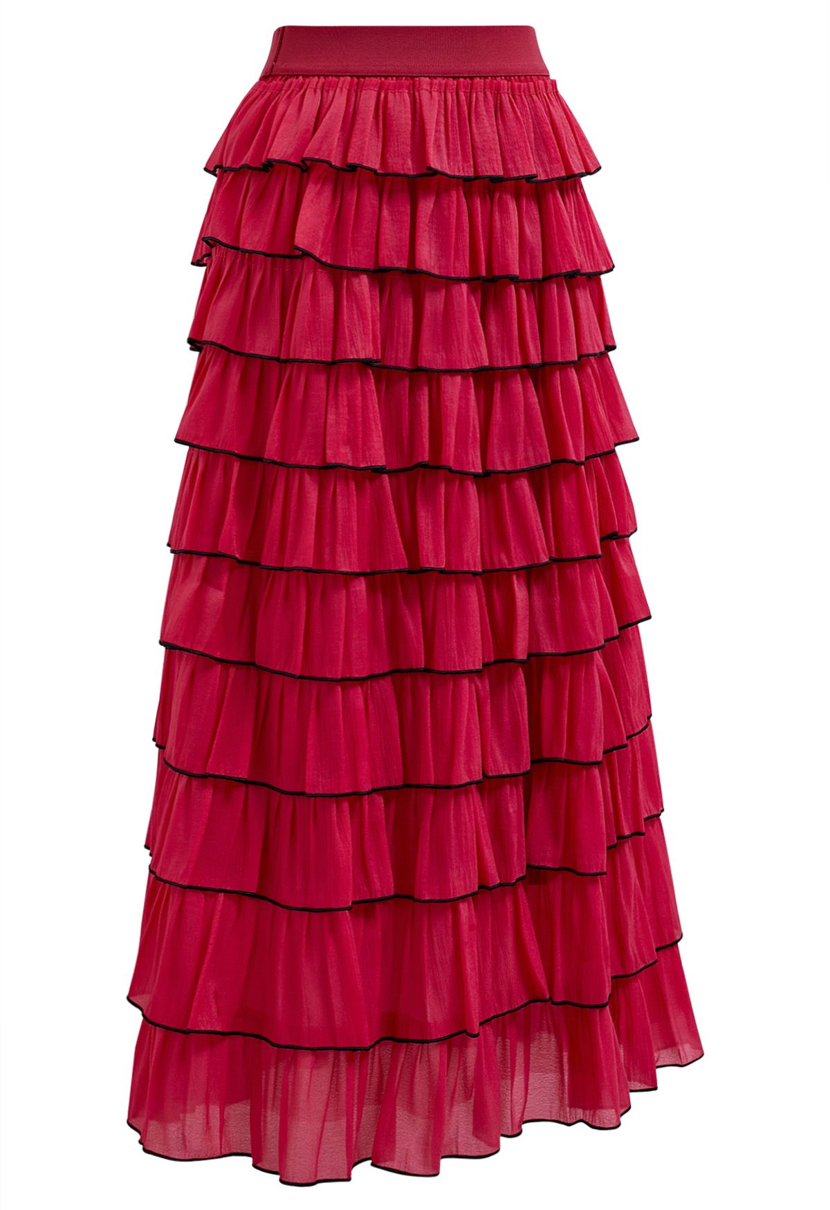 Contrasting Edges Tiered Ruffle Maxi Skirt in Red