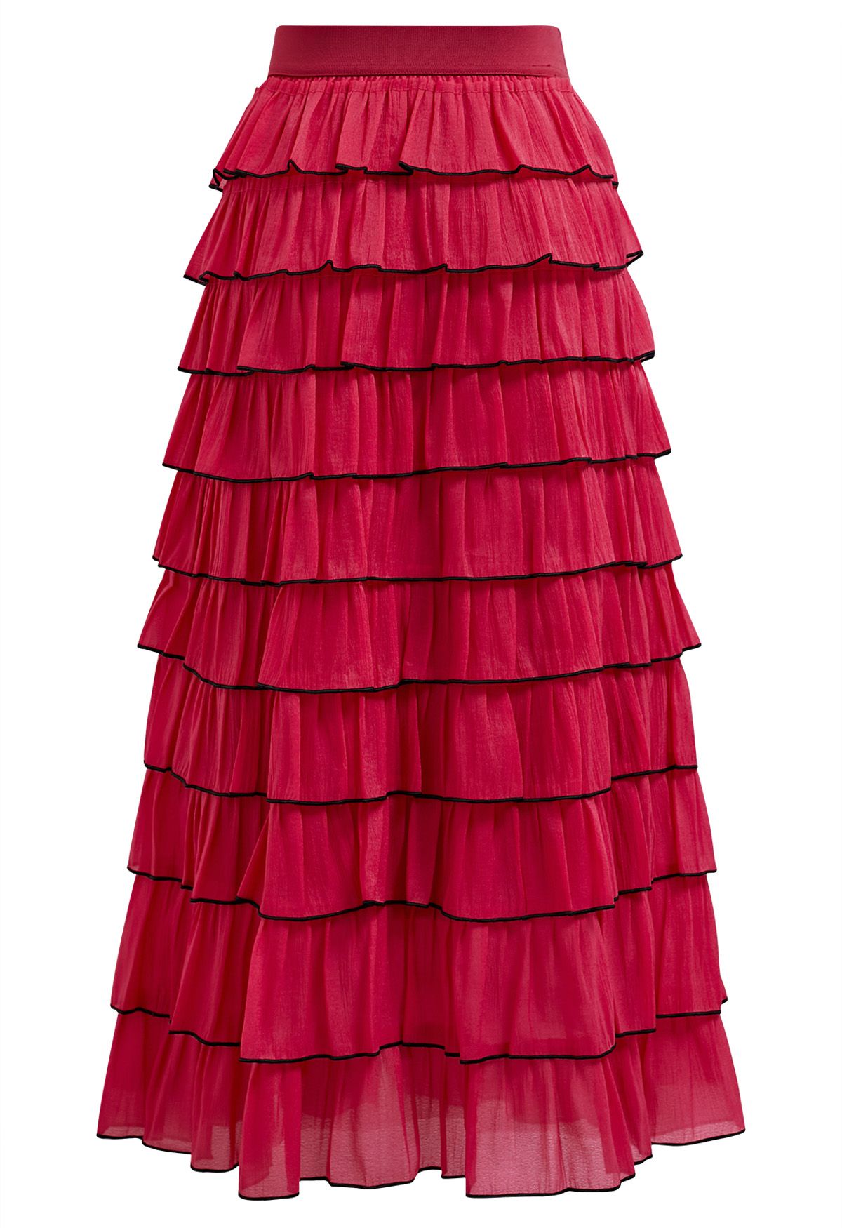 Contrasting Edges Tiered Ruffle Maxi Skirt in Red