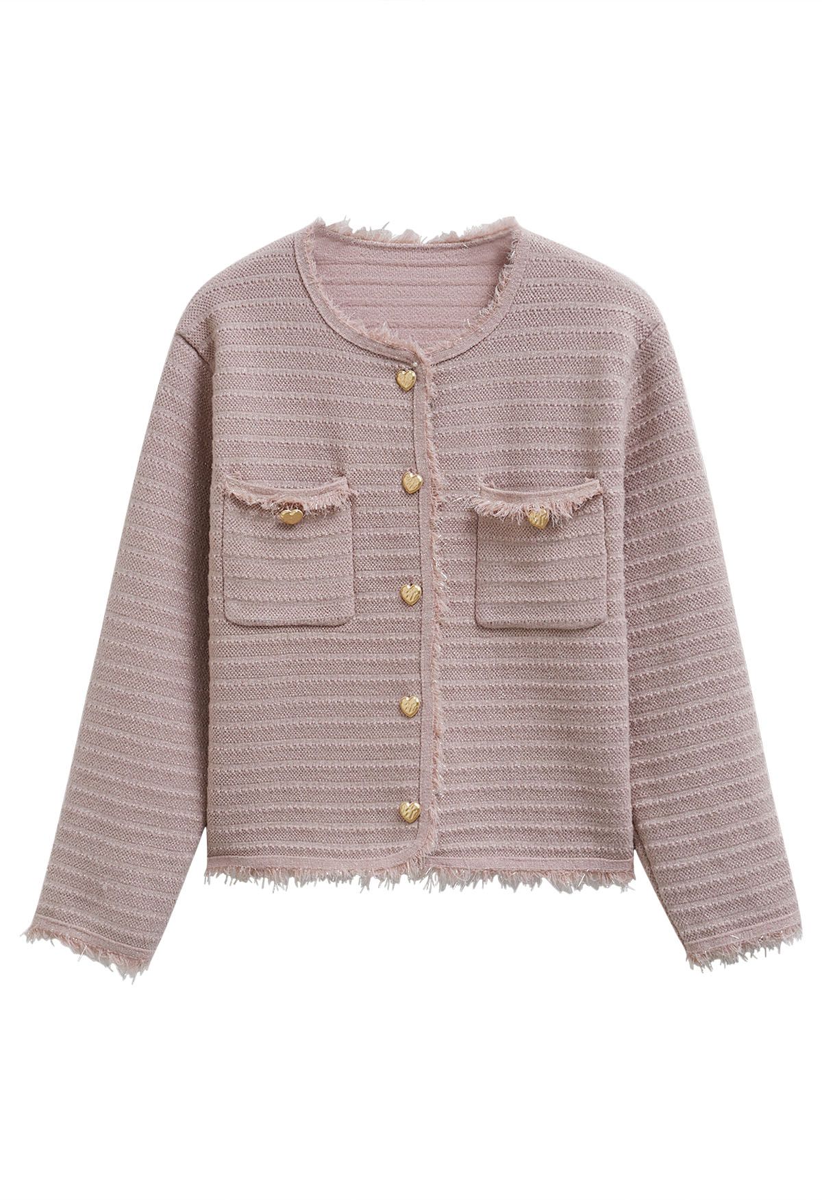 Tassel Edge Metallic Mix Knit Cardigan in Light Pink