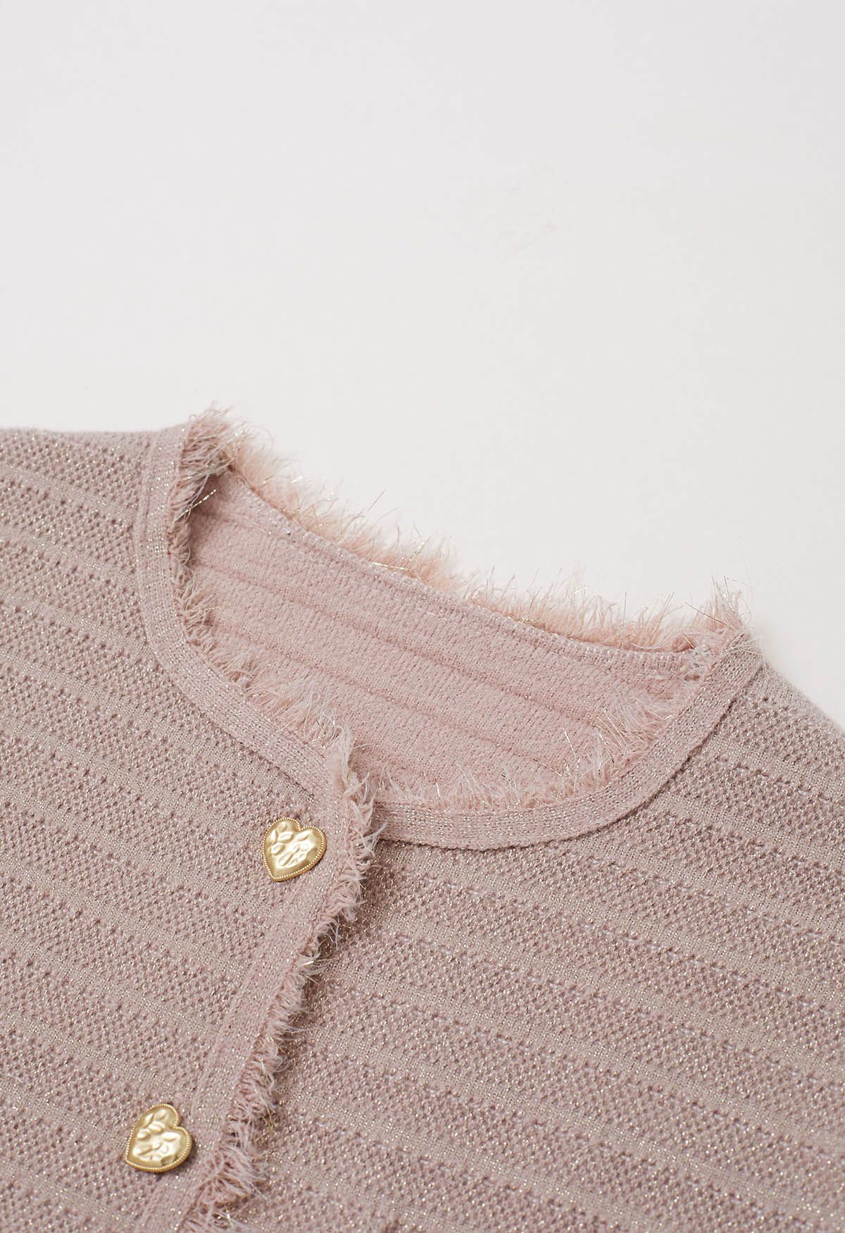 Tassel Edge Metallic Mix Knit Cardigan in Light Pink