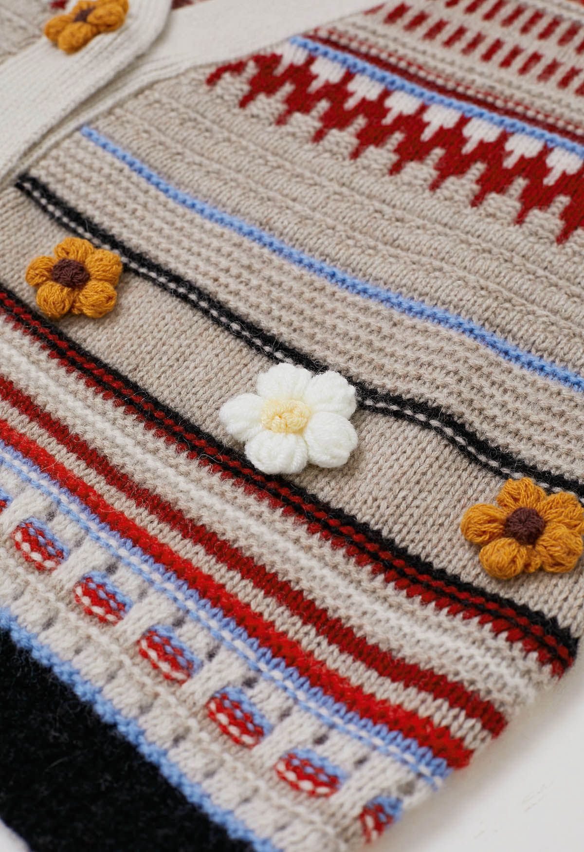 Stitch Flowers Fair Isle Wool Cardigan in Oatmeal