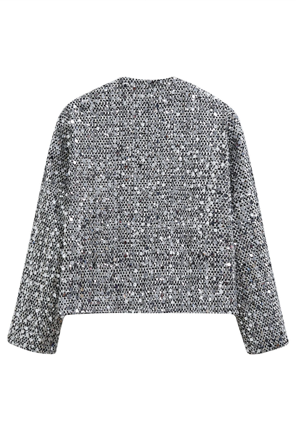 Silver Sequin Embellishment Tweed Jacket