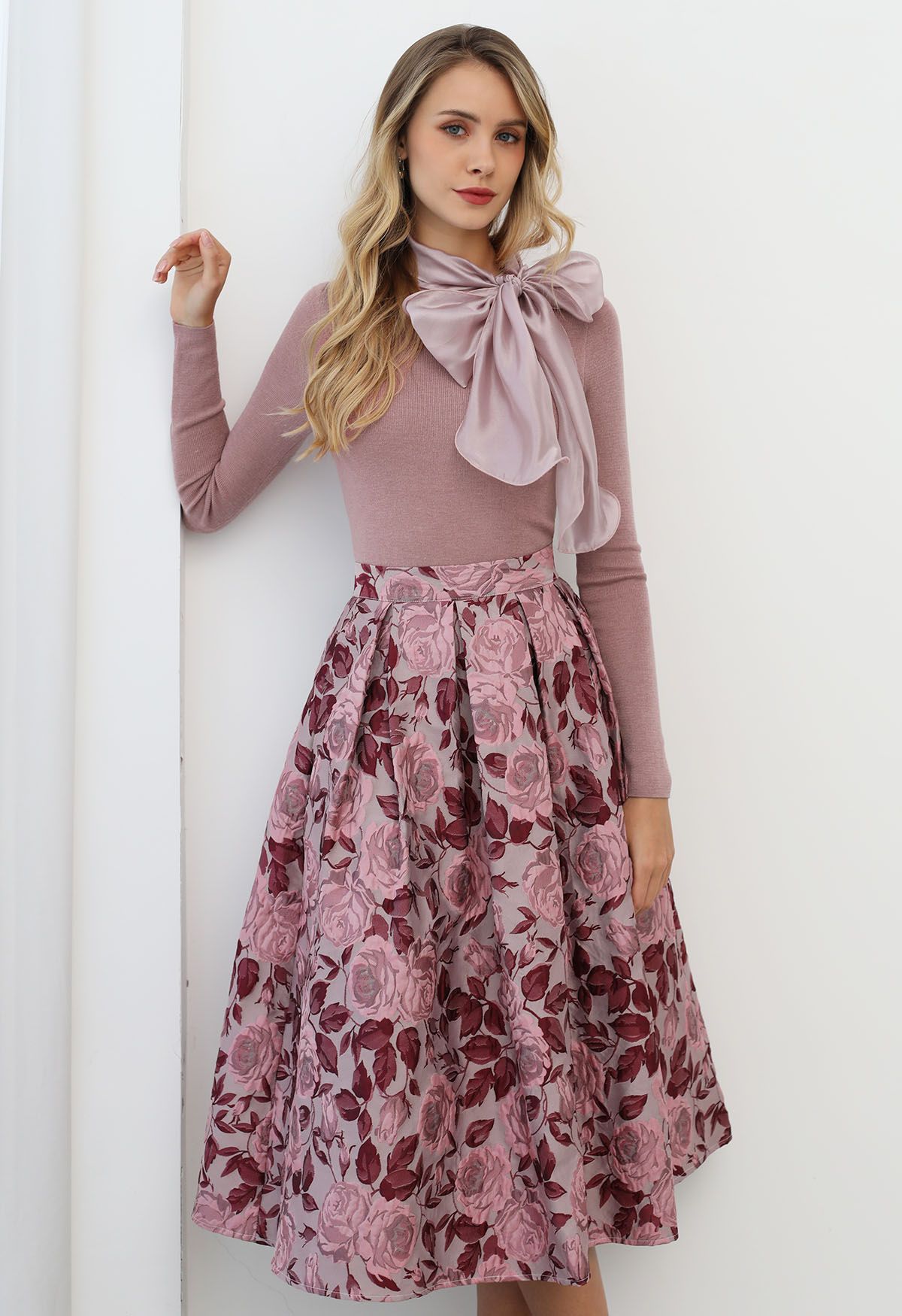 Enchanted Pink Rose Jacquard Pleated Midi Skirt