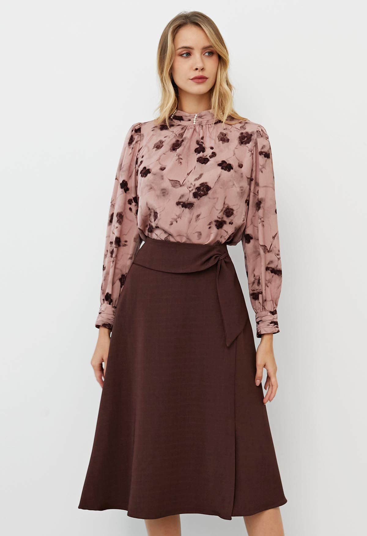 Sash Adorned Split A-Line Midi Skirt in Burgundy