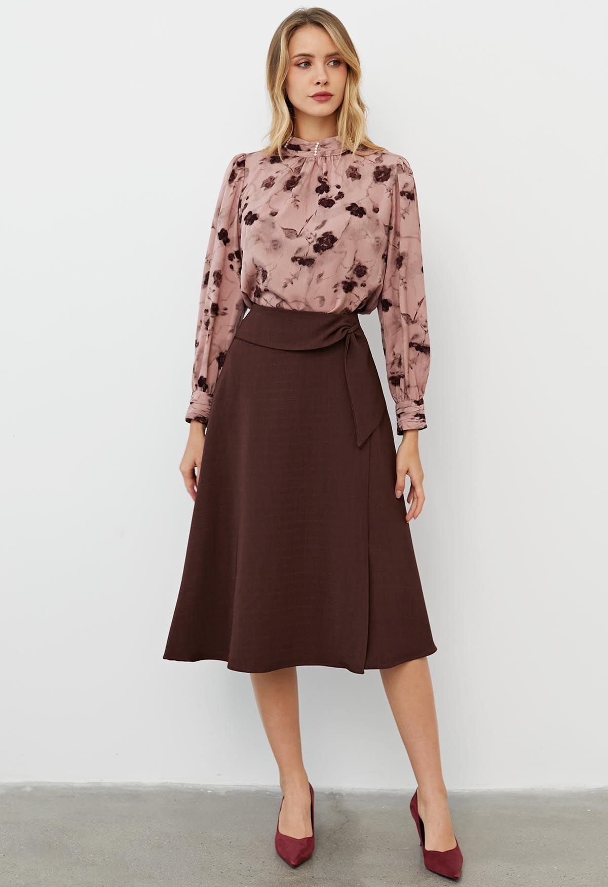 Sash Adorned Split A-Line Midi Skirt in Burgundy