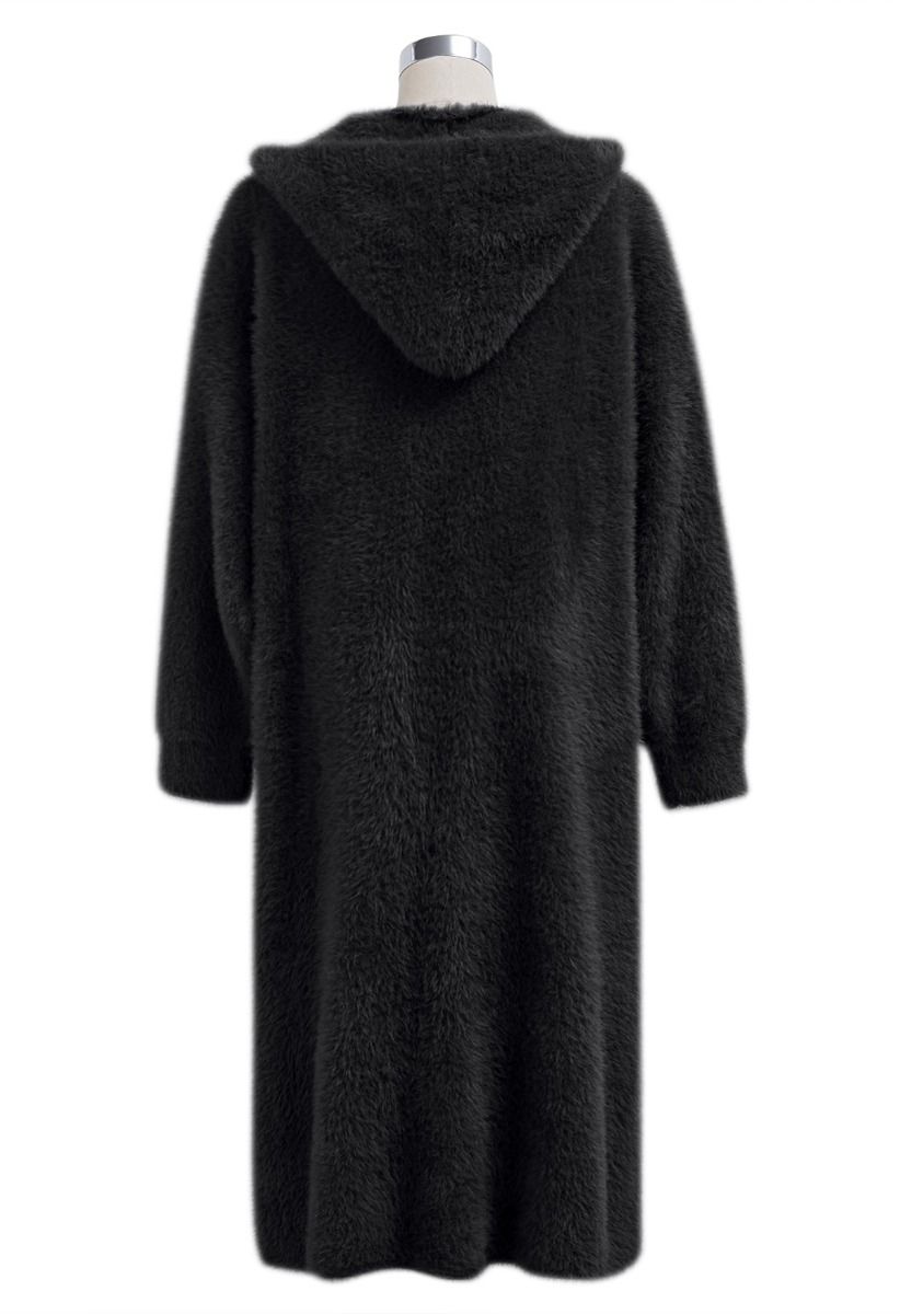 Fluffy Open Front Hooded Longline Knit Cardigan in Black