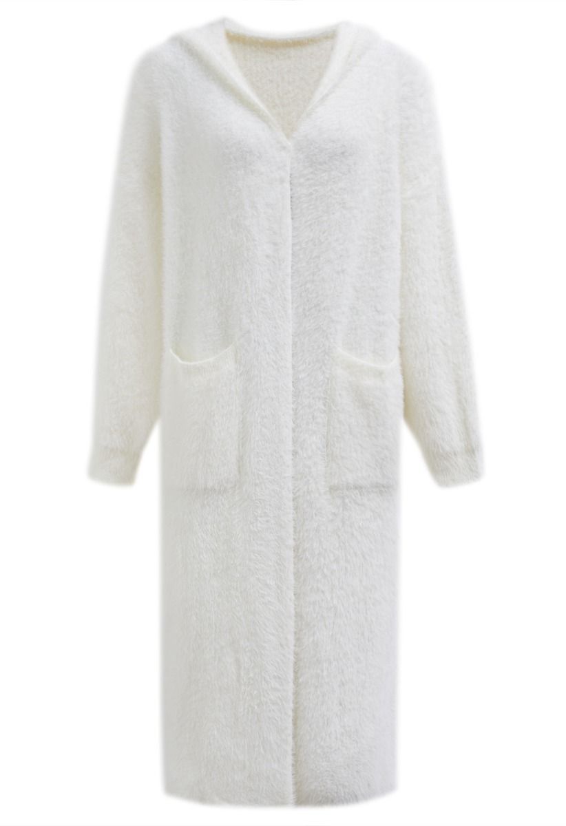 Fluffy Open Front Hooded Longline Knit Cardigan in White