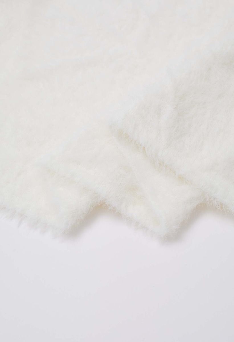 Fluffy Open Front Hooded Longline Knit Cardigan in White