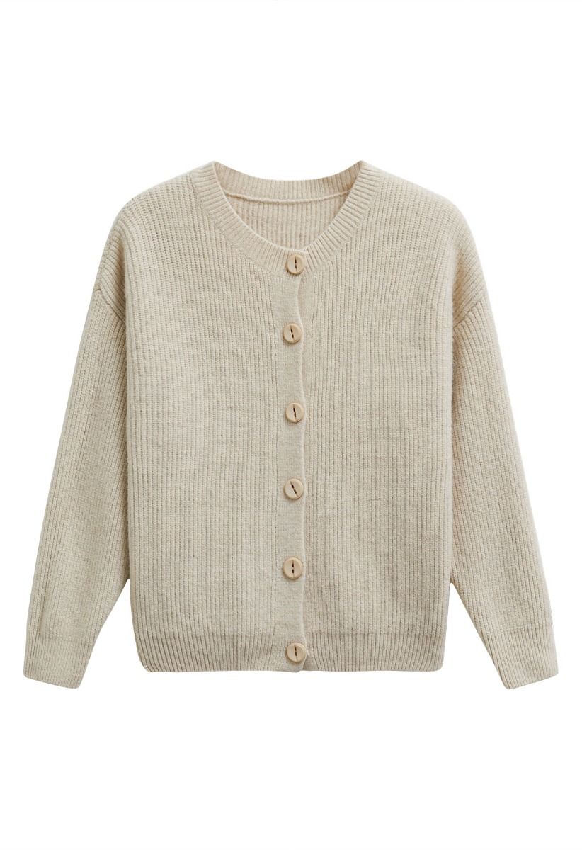 Delicate Softness Ribbed Buttoned Knit Cardigan in Camel