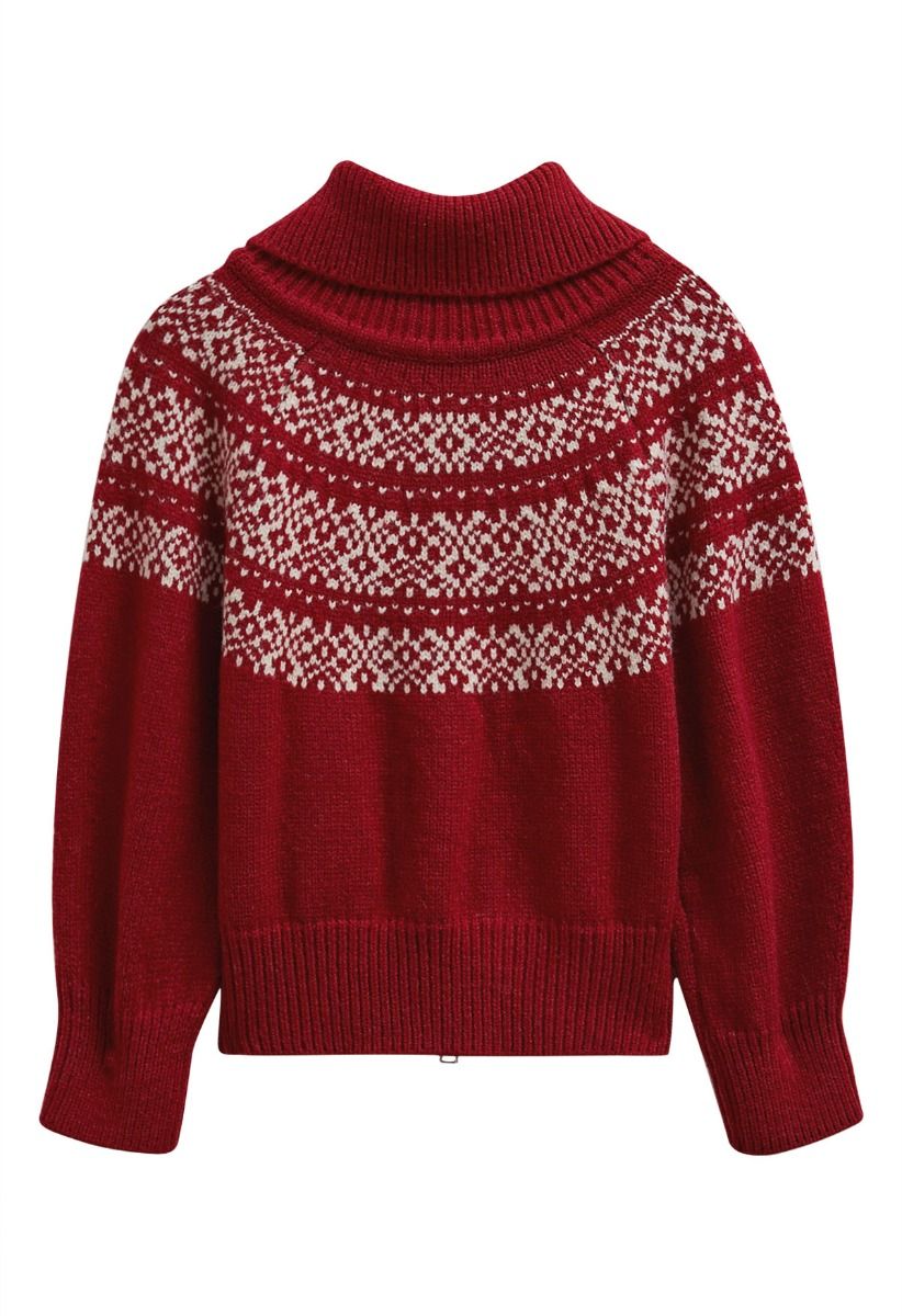 Double-Zip Fair Isle Jacquard Knit Cardigan in Red