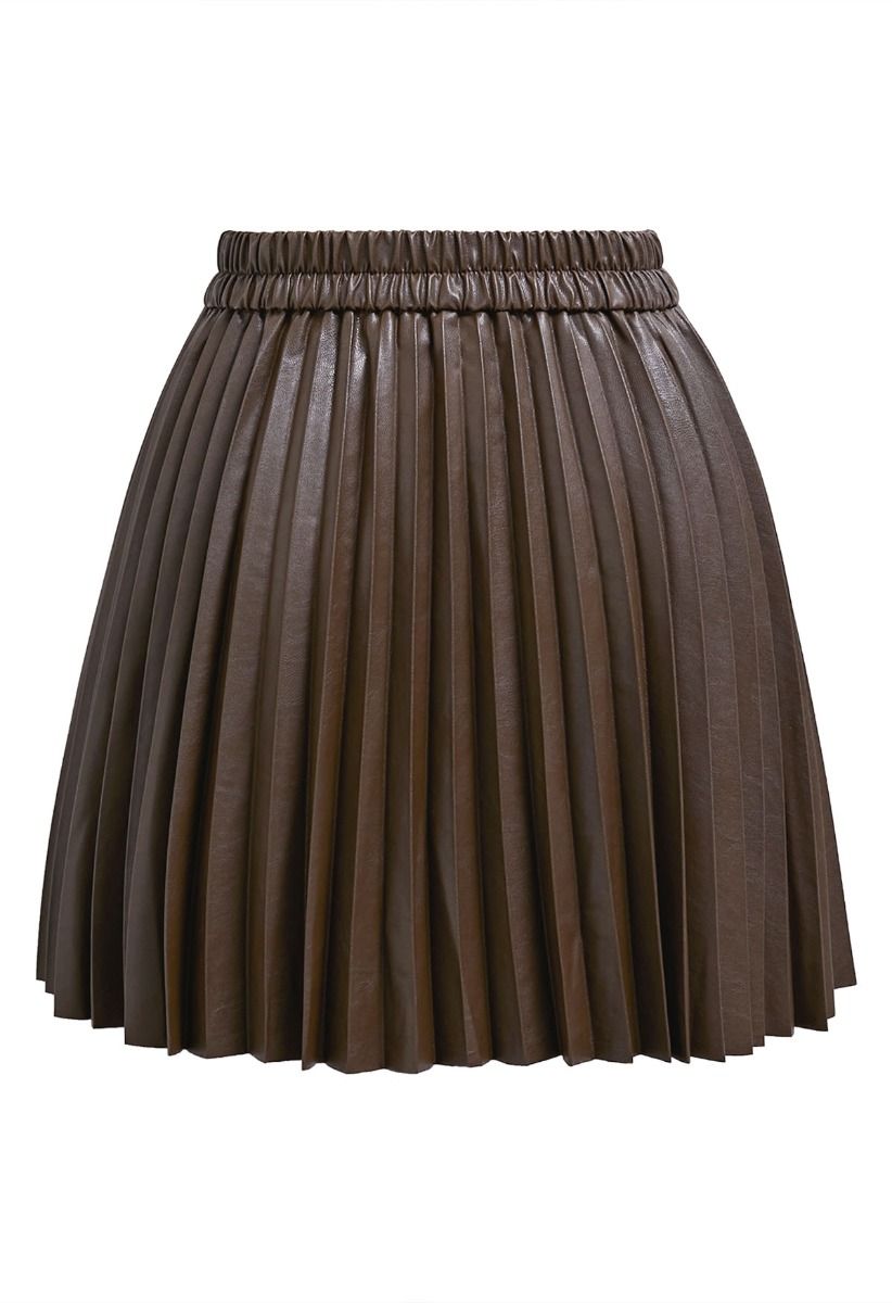 Faux Leather Pleated Mini Skirt in Brown