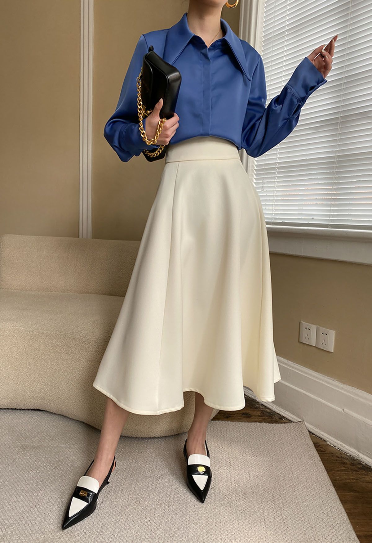 Solid Ivory High-Waist A-Line Midi Skirt