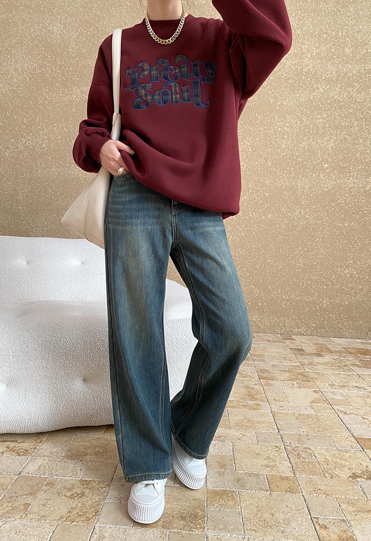 Pretty Soul Fleece-Lined Oversize Sweatshirt in Burgundy